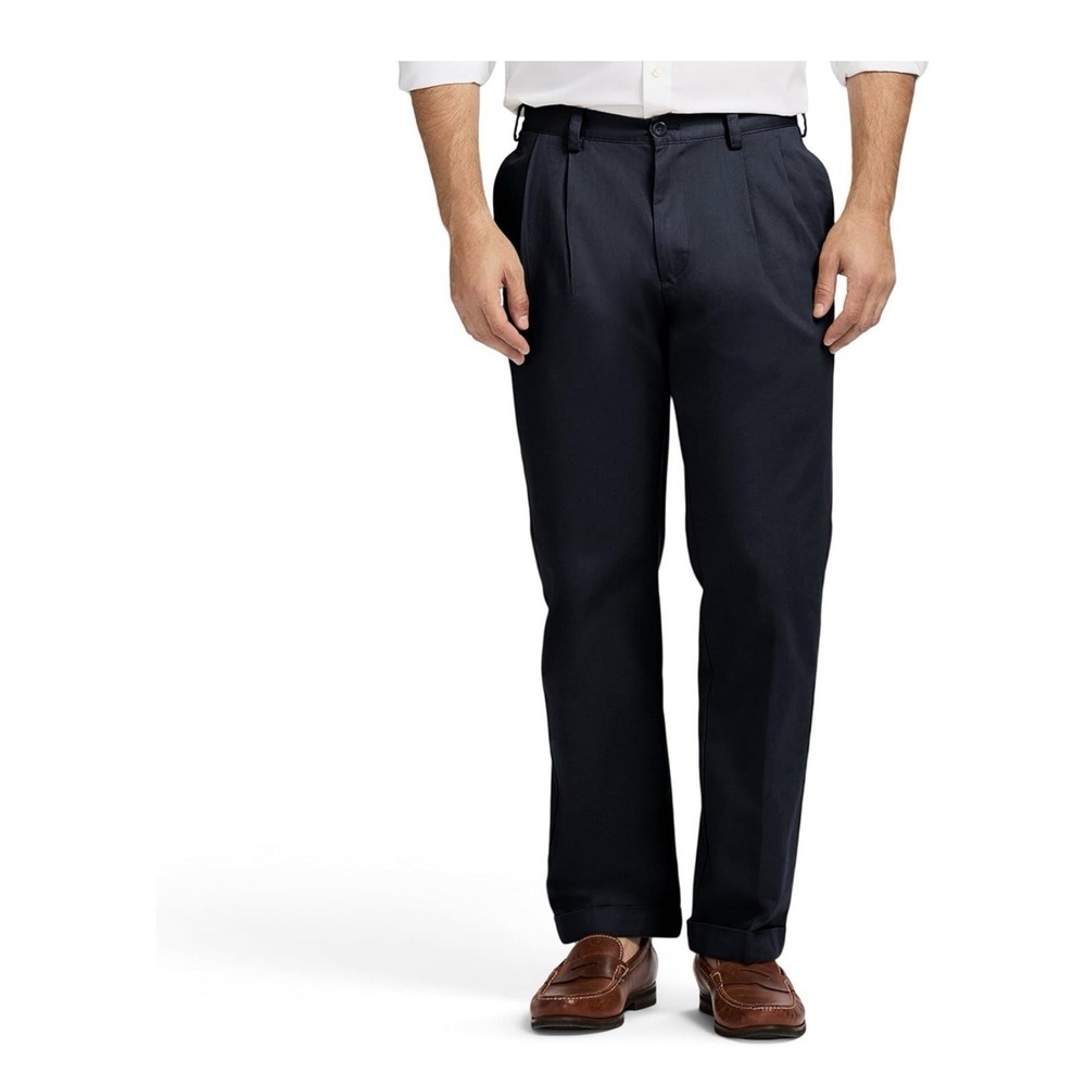 IZOD American Chino Mens Pants Wrinkle Free Double Pleat Classic Fit 30x32 Navy